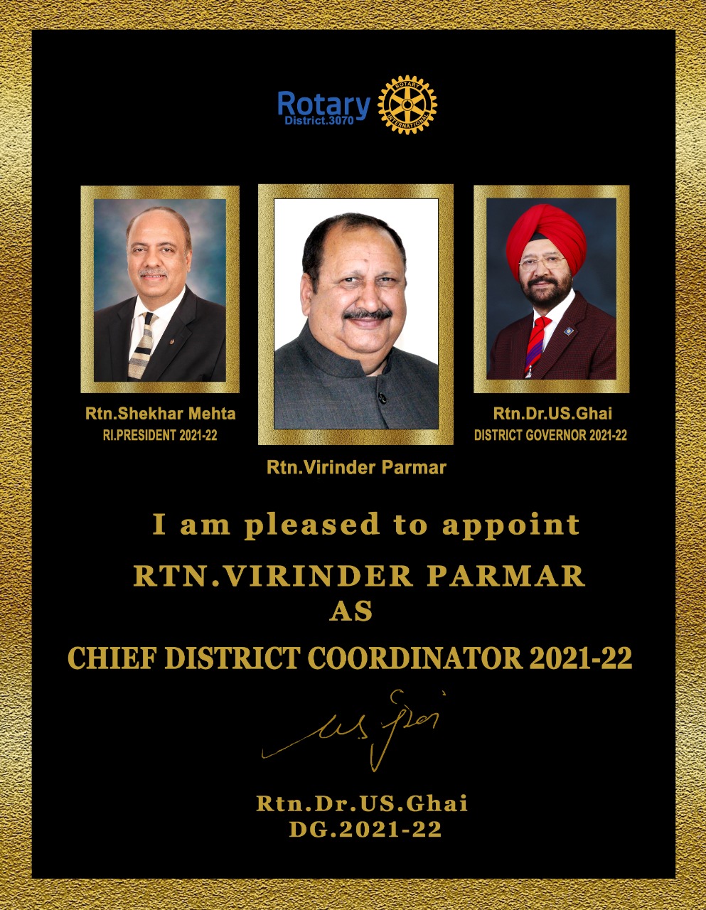 Rtn. Virinder Parmar appointed as Chief District Coordinator 2021-22